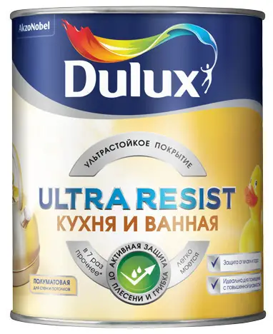 Краска для кухни и ванной латексная Dulux Ultra Resist полуматовая база BW 1 л.