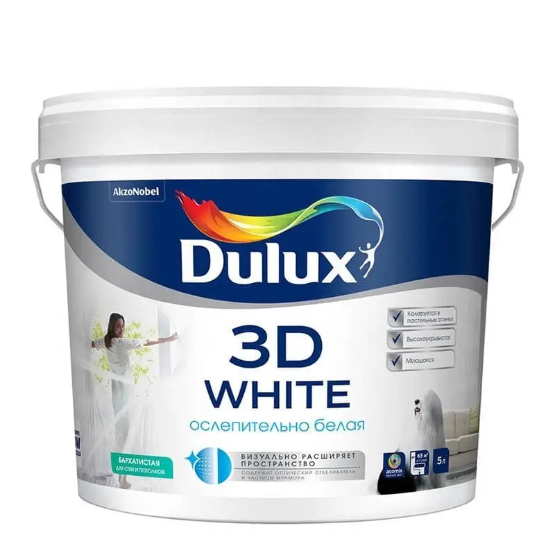 Краска для стен и потолков водно-дисперсионная Dulux 3D White матовая база BW 5 л.