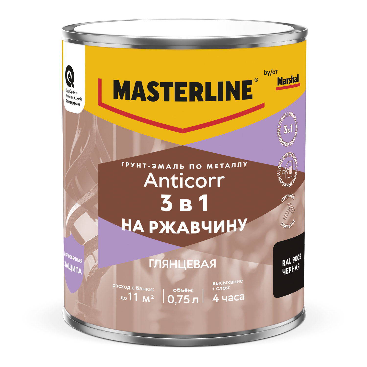 Мастерлайн Антикор Грунт-эмаль 3 в 1 RAL9005 Черная 0,75л