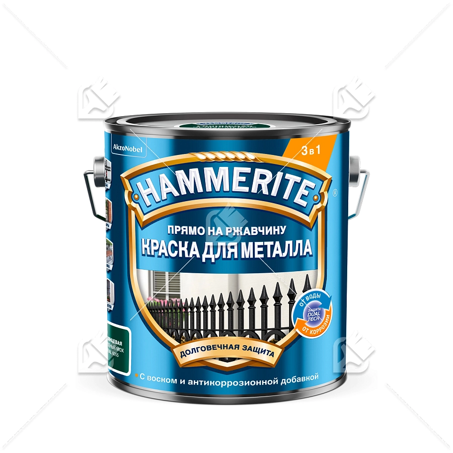 Краска для металлических поверхностей алкидная Hammerite молотковая RAL 6005 зеленый мох 2л