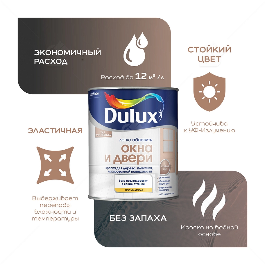 Краска для дерева и пластика водно-дисперсионная Dulux Окна и двери полуматовая база BW 0,75 л.