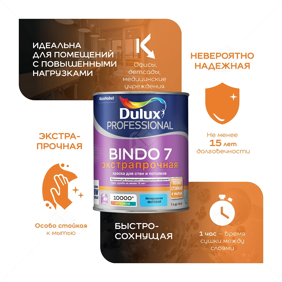 Краска для стен и потолков латексная экстрапрочная Dulux Professional Bindo 7 матовая база BC 9 л.