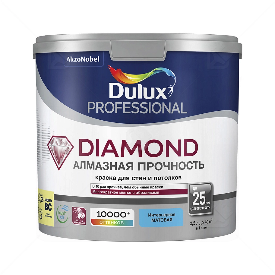 Краска для стен и потолков водно-дисперсионная Dulux Diamond Matt матовая база BC 2,25 л.