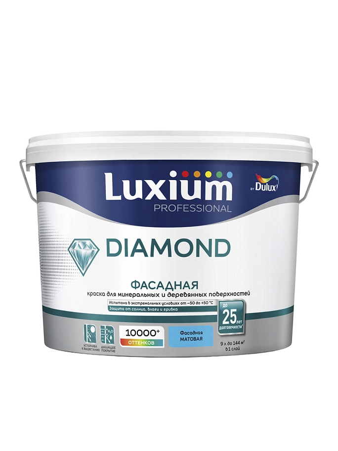 Краска фасадная для минеральных и деревянных поверхностей Luxium Professional Diamond гладкая матовая база BW 9 л