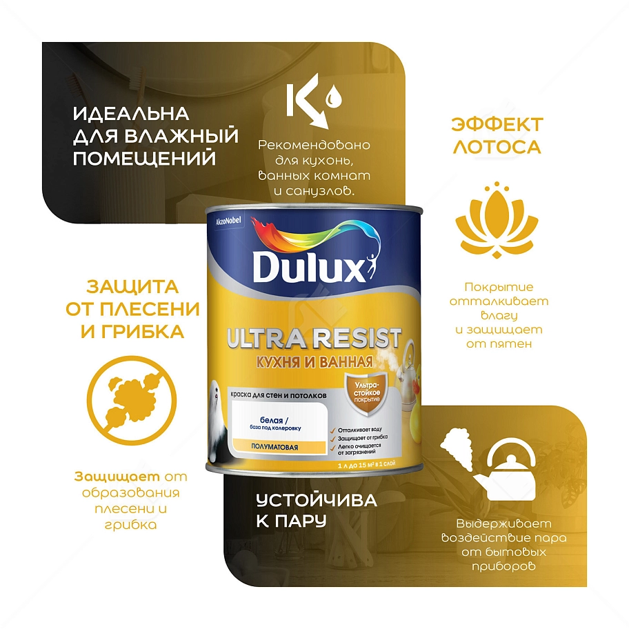 Краска для кухни и ванной латексная Dulux Ultra Resist полуматовая база BW 2,5 л.