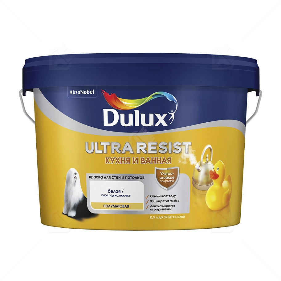 Краска для кухни и ванной латексная Dulux Ultra Resist полуматовая база BW 2,5 л.