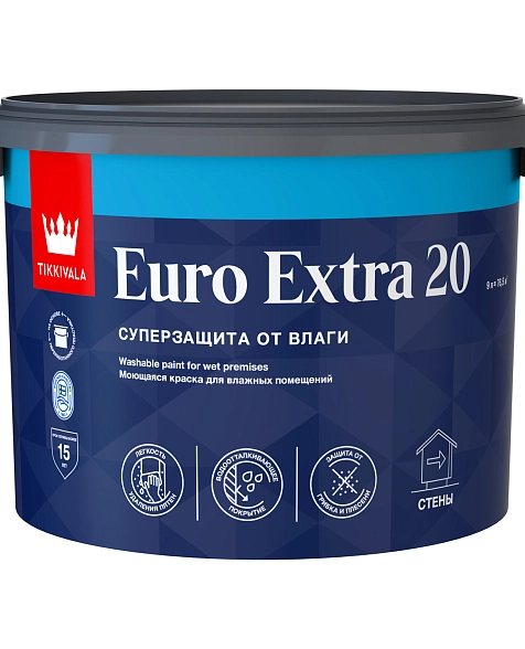Краска для влажных помещений Tikkurila Euro Extra 20 полуматовая база С 9 л