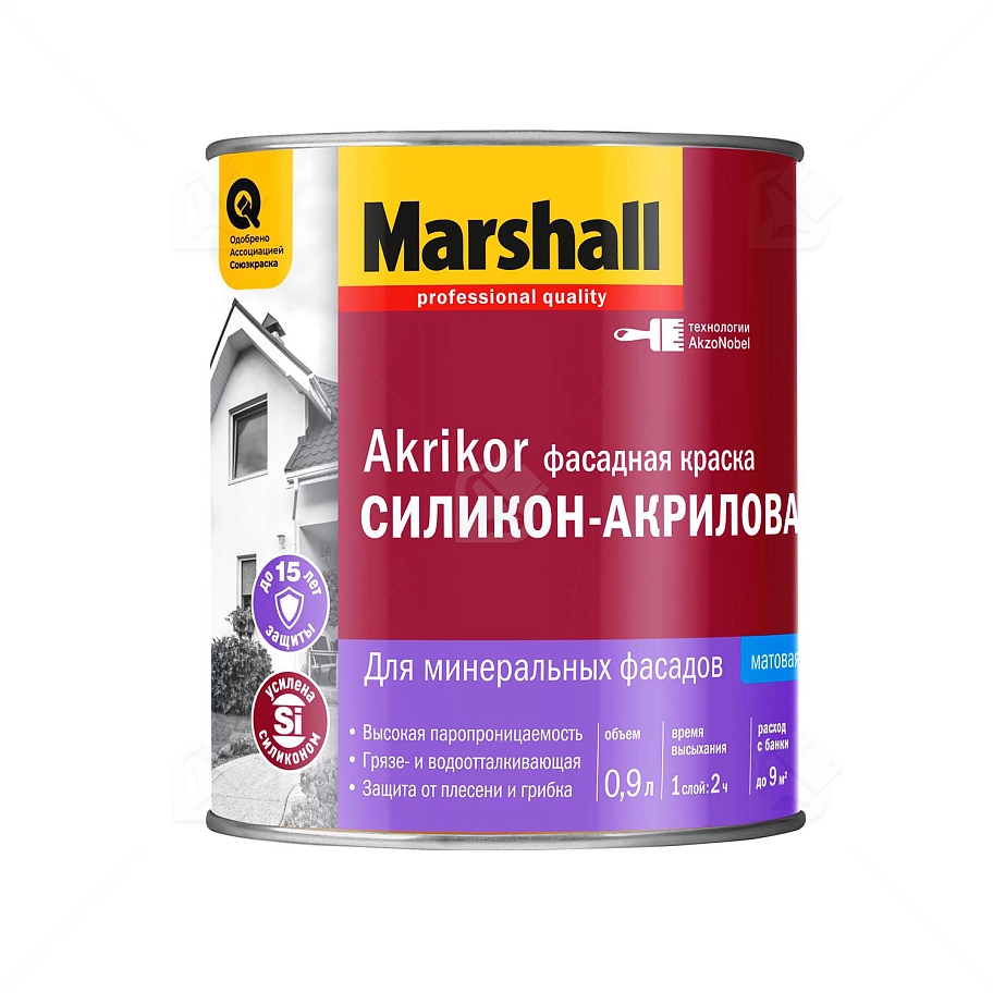 Краска фасадная силикон-акриловая Marshall Akrikor матовая база BW 0,9 л.