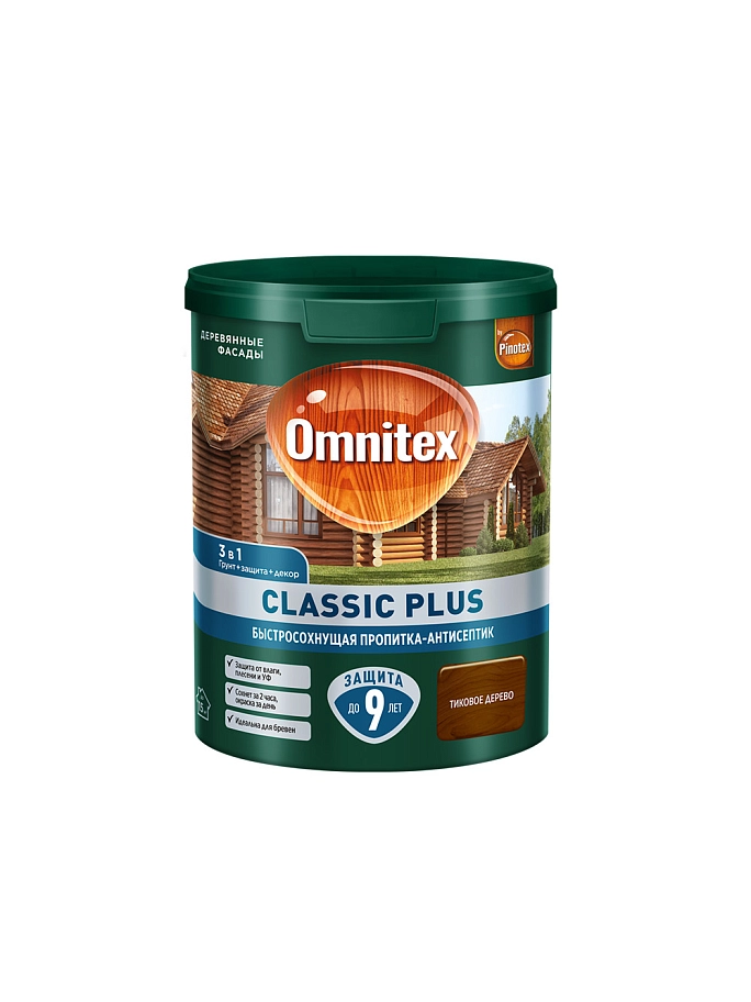 Пропитка декоративная для защиты древесины Omnitex Classic Plus 3 в 1 тиковое дерево 0,9 л