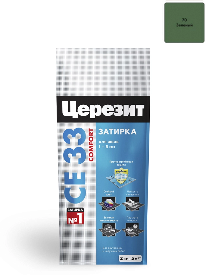 Затирка для узких швов до 6 мм Церезит СЕ 33 Comfort 70 зеленая 2 кг