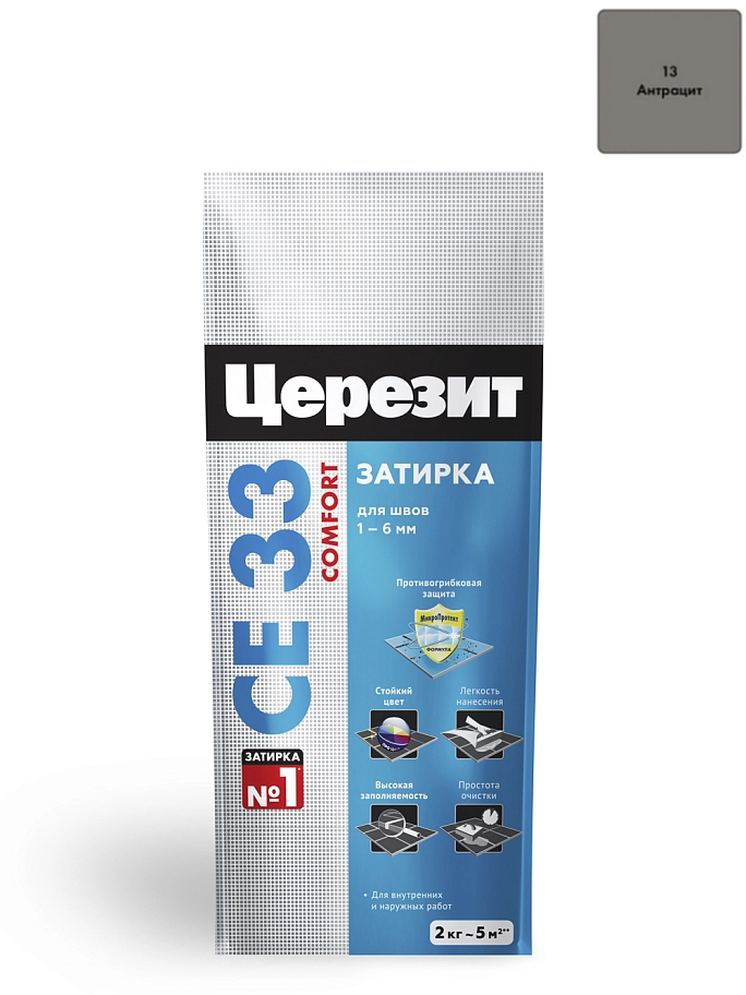 Затирка для узких швов до 6 мм Церезит СЕ 33 Comfort 13 антрацит 2 кг