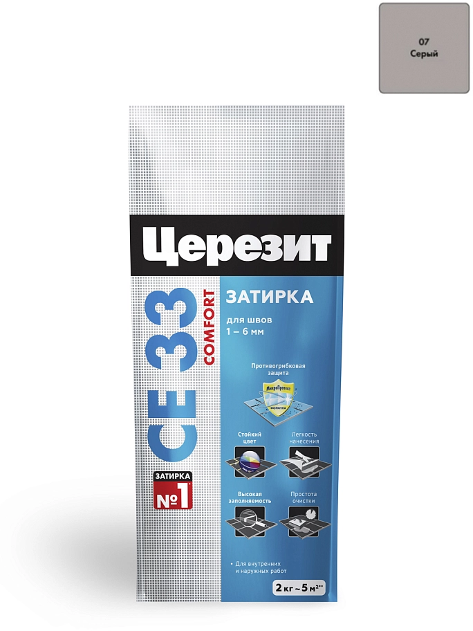 Затирка для узких швов до 6 мм Церезит СЕ 33 Comfort 07 серая 2 кг