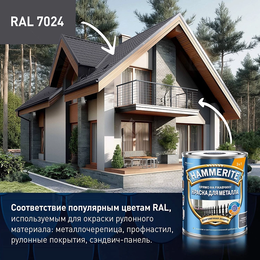 Краска для металлических поверхностей алкидная Hammerite глянцевая RAL 7024 графитовая 2 л