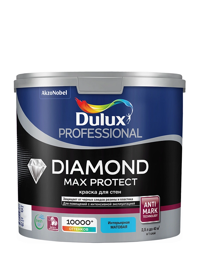 Краска для стен и потолков водно-дисперсионная Dulux Diamond Max Protect глубокоматовая база BW 2,5 л.