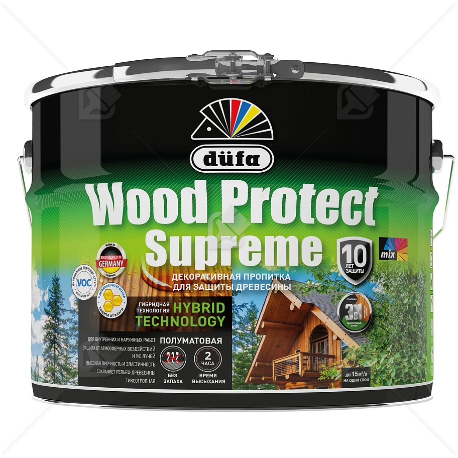 Пропитка декоративная для защиты древесины Dufa Wood Protect Supreme белая 9 л