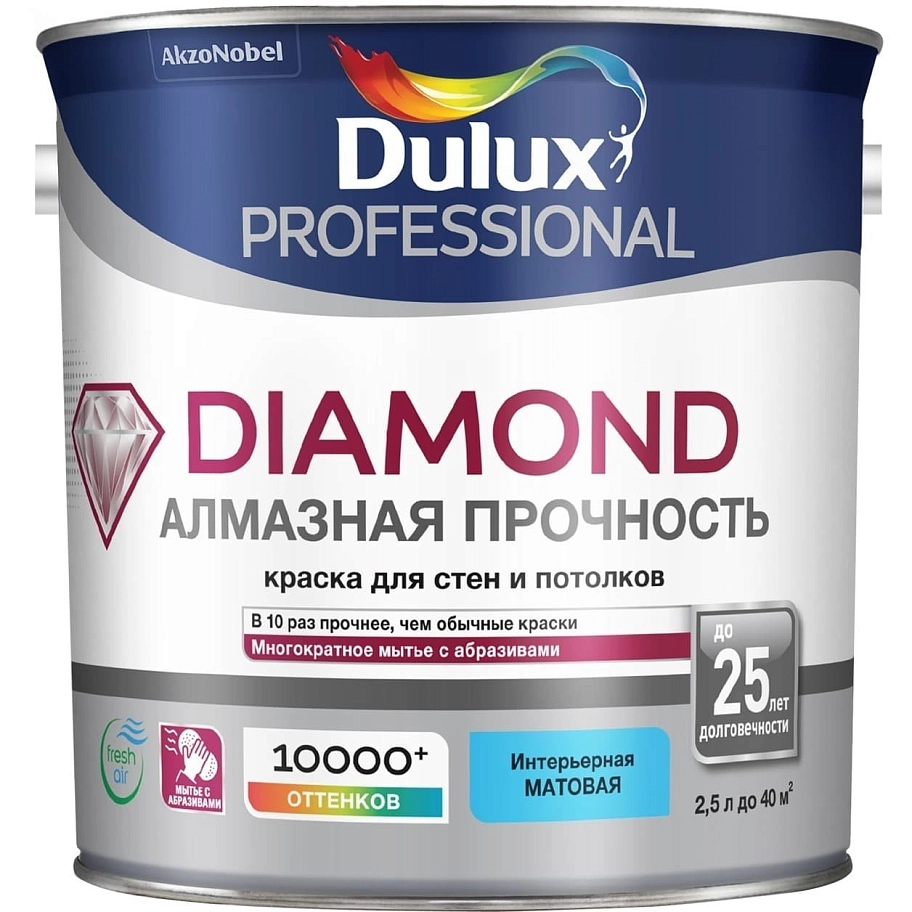 Краска для стен и потолков водно-дисперсионная Dulux Diamond Matt матовая база BW 2,5 л.