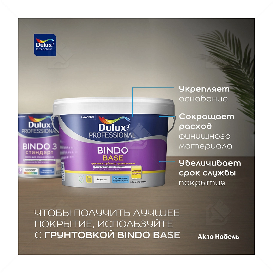 Краска для стен и потолков латексная Dulux Professional Bindo 3 глубокоматовая база BC 2,25 л.
