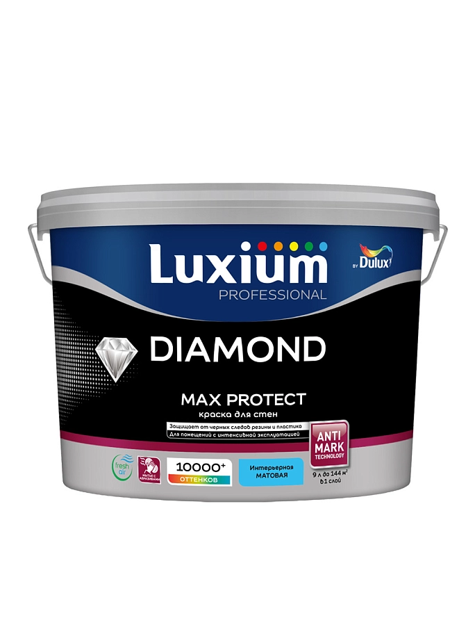 Краска для стен и потолков водно-дисперсионная Luxium Diamond Max Protect матовая база BW 9 л.
