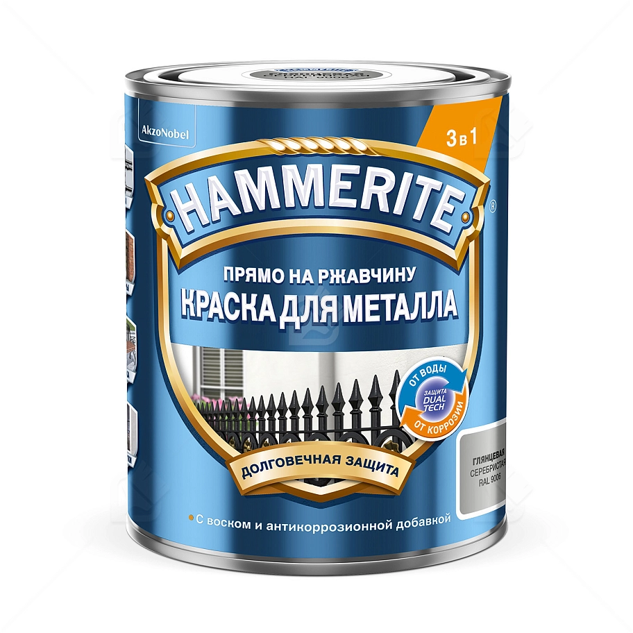 Краска для металлических поверхностей алкидная Hammerite глянцевая RAL 9006 серебристая 0,75 л