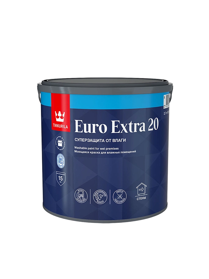 Краска моющаяся для стен и потолков Tikkurila EURO EXTRA 20 A полуматовая 2,7л