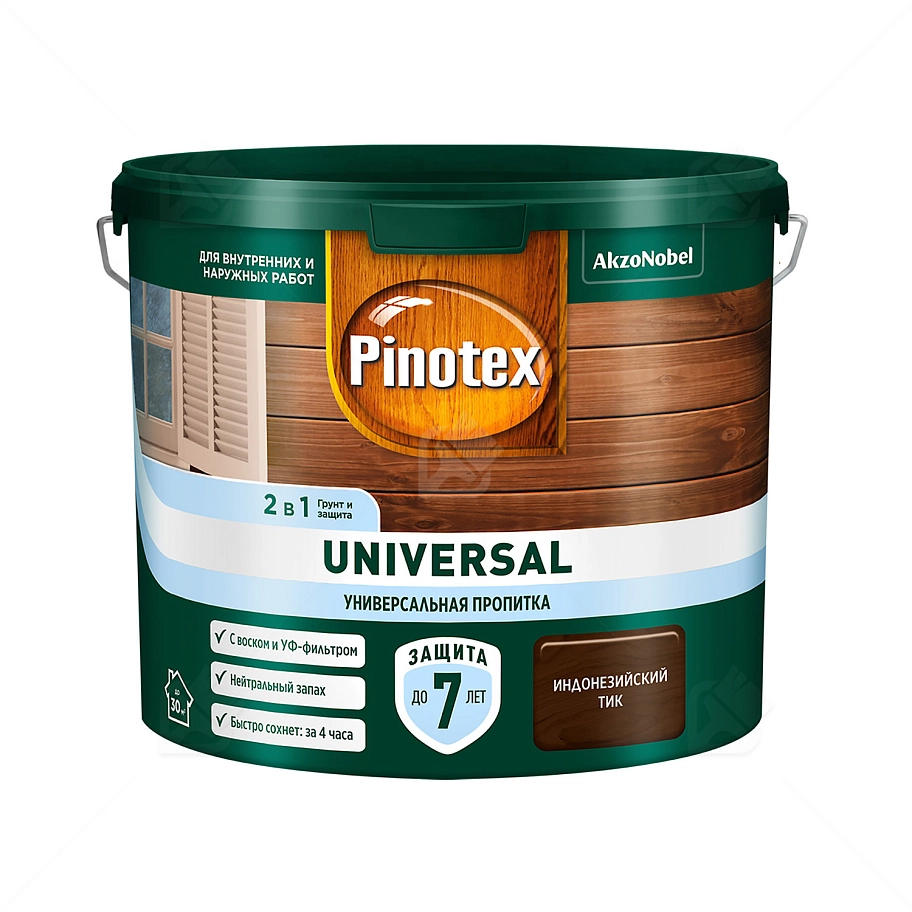 Pinotex Universal 2 в 1 универсальная пропитка для древесины Индонезийский тик 2,5 л