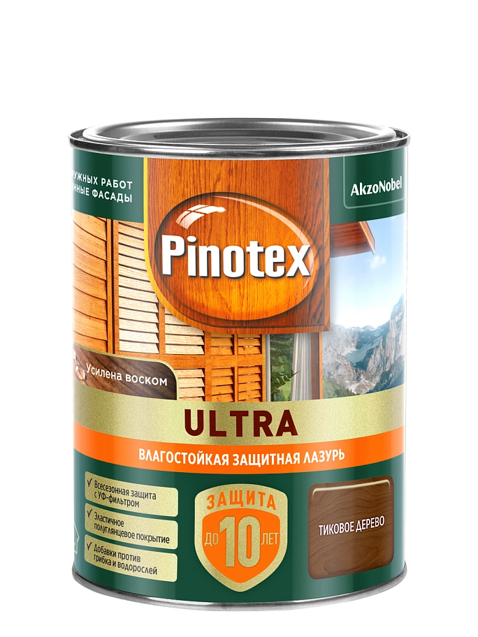 Пропитка декоративная для защиты древесины Pinotex Ultra AWB полуглянцевая тик 0,9 л