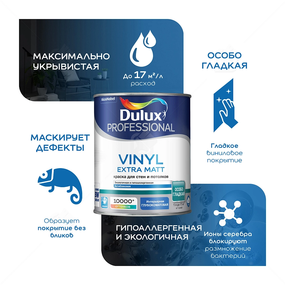 Краска для стен и потолков водно-дисперсионная Dulux Vinyl Extra Matt глубокоматовая база BW 1 л