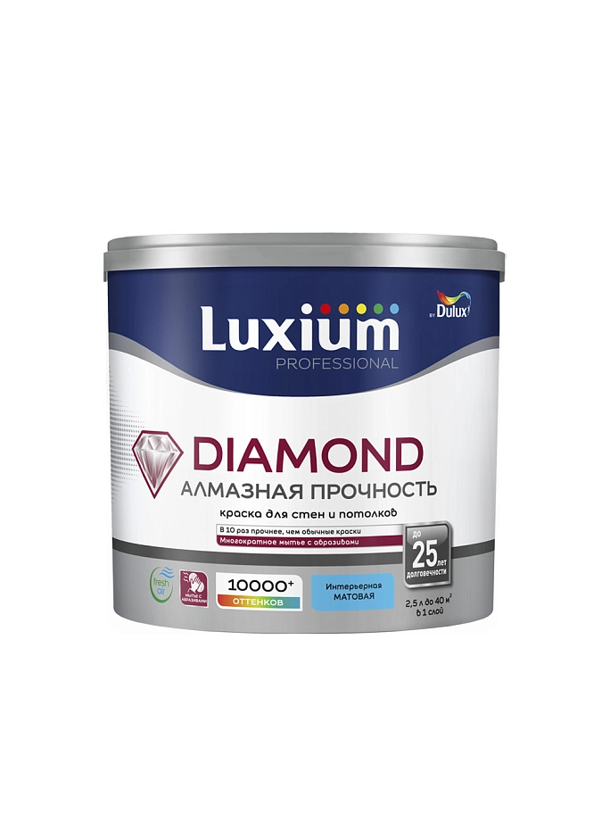Краска для стен и потолков водно-дисперсионная Luxium Diamond Matt матовая база BW 2,5 л