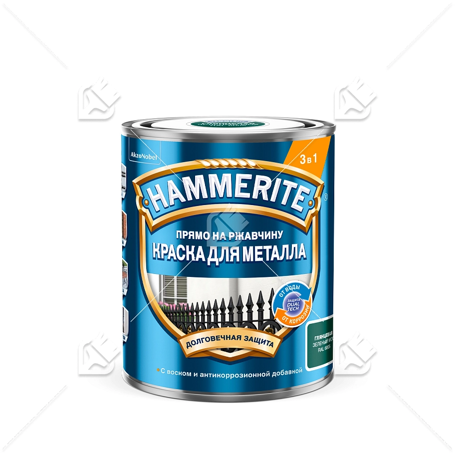 Краска для металлических поверхностей алкидная Hammerite молотковая RAL 6005 зеленый мох 0,75л