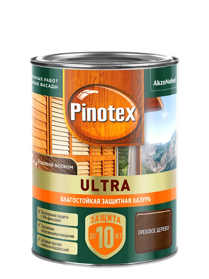 Пропитка декоративная для защиты древесины Pinotex Ultra AWB полуглянцевая орех 0,9 л