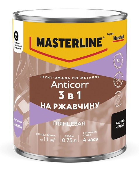 Мастерлайн Антикор Грунт-эмаль 3 в 1 RAL9005 Черная 0,75л