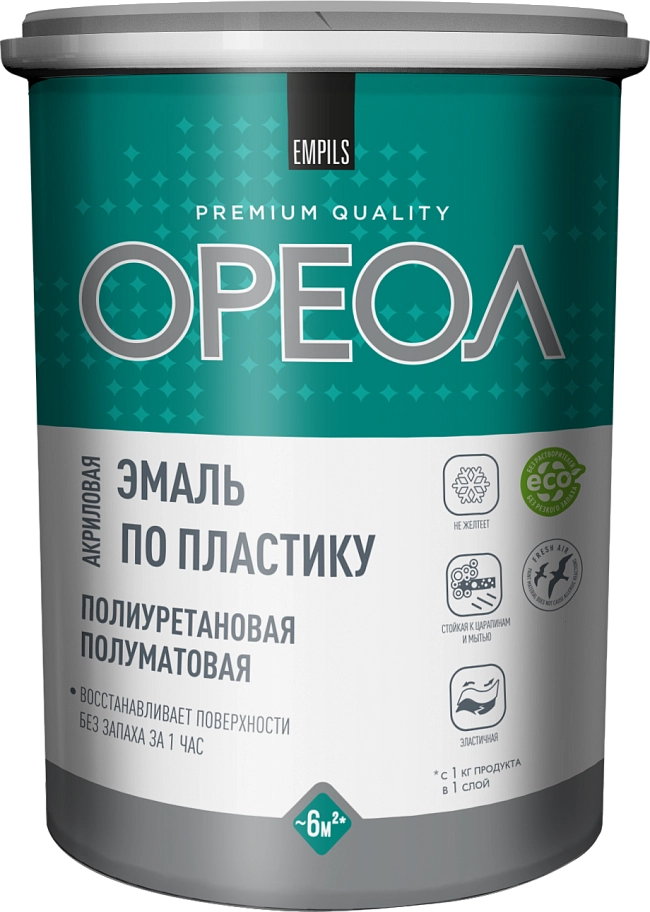 Эмаль по пластику полиуретановая акриловая Ореол полуматовая белая 1,1 кг