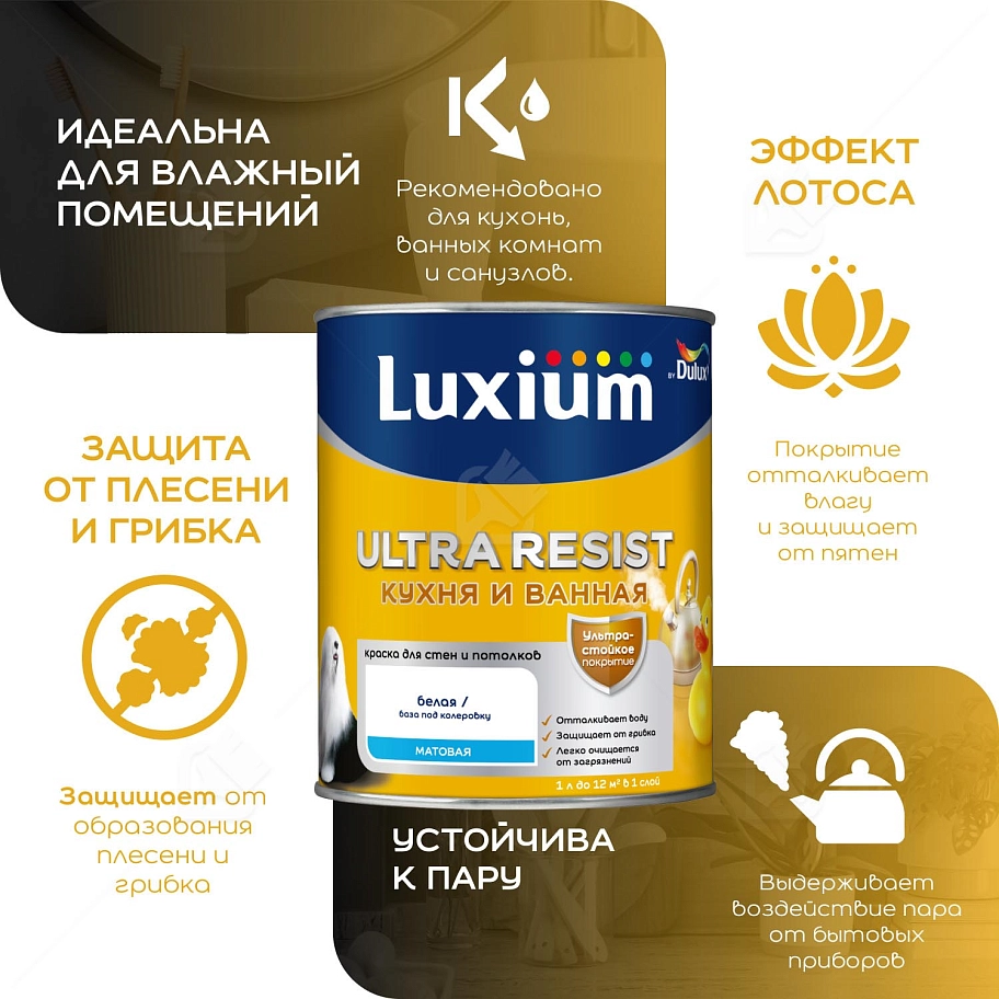 Краска Dulux Ultra Resist для Кухни и ванной мат база BC (2,25л)