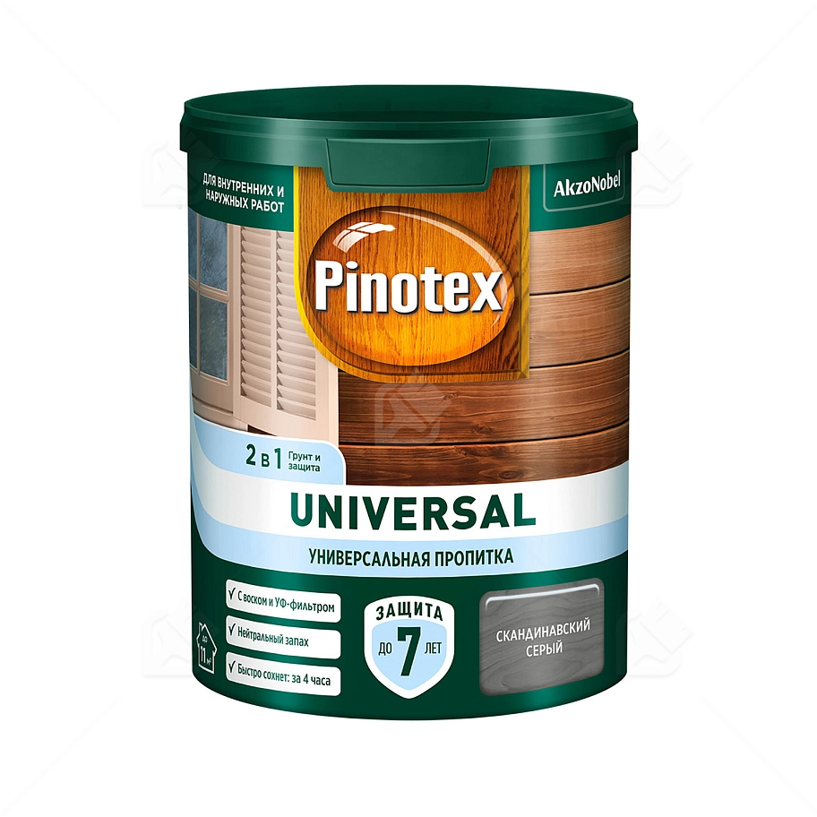 Pinotex Universal 2 в 1 универсальная пропитка для древесины Скандинавский серый 0,9 л